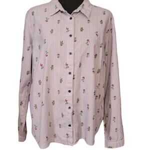 Blue & White Striped Cactus Novelty Print Button Up Shirt Women's‎ 14